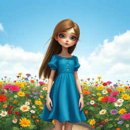A girl in a blue dress, her facial features are unconventional and unique, giving her a distinctive charm