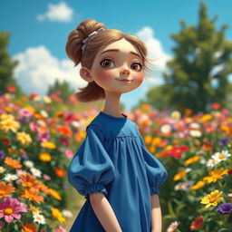 A girl in a blue dress, her facial features are unconventional and unique, giving her a distinctive charm