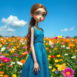 A girl in a blue dress, her facial features are unconventional and unique, giving her a distinctive charm