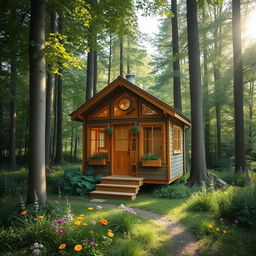 A charming tiny house nestled in a lush green forest, surrounded by tall trees and colorful wildflowers