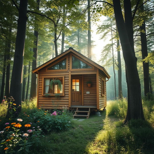 A charming tiny house nestled in a lush green forest, surrounded by tall trees and colorful wildflowers