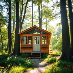 A charming tiny house nestled in a lush green forest, surrounded by tall trees and colorful wildflowers