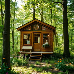 A charming tiny house nestled in a lush green forest, surrounded by tall trees and colorful wildflowers
