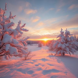 A picturesque winter landscape at sunrise, featuring a blanket of fresh snow covering the ground