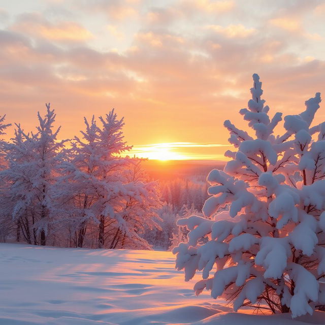 A picturesque winter landscape at sunrise, featuring a blanket of fresh snow covering the ground