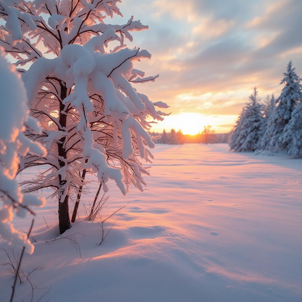 A picturesque winter landscape at sunrise, featuring a blanket of fresh snow covering the ground