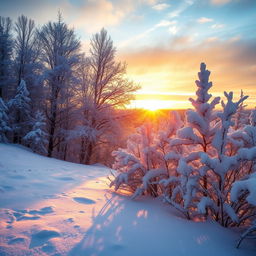 A picturesque winter landscape at sunrise, featuring a blanket of fresh snow covering the ground