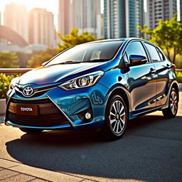 A sleek and modern Toyota Vios parked in an urban environment, showcasing its stylish curves and aerodynamic design
