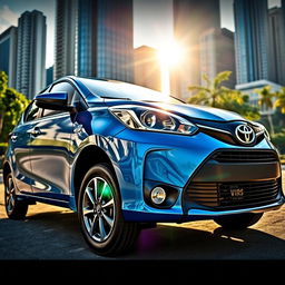 A sleek and modern Toyota Vios parked in an urban environment, showcasing its stylish curves and aerodynamic design