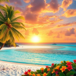 A picturesque tropical island with white sandy beaches, lush green palm trees swaying in the gentle breeze, and clear turquoise waters