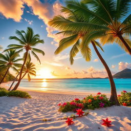 A picturesque tropical island with white sandy beaches, lush green palm trees swaying in the gentle breeze, and clear turquoise waters