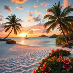A picturesque tropical island with white sandy beaches, lush green palm trees swaying in the gentle breeze, and clear turquoise waters