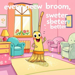 A whimsical illustration depicting the saying 'every new broom sweeps better