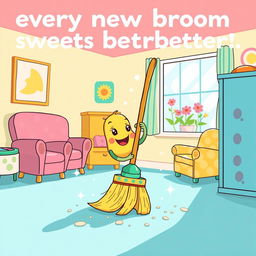 A whimsical illustration depicting the saying 'every new broom sweeps better