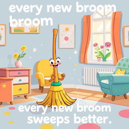 A whimsical illustration depicting the saying 'every new broom sweeps better