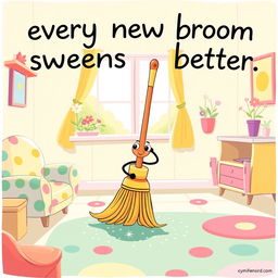 A whimsical illustration depicting the saying 'every new broom sweeps better