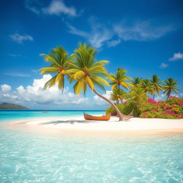 A serene tropical island scene featuring soft white sand beaches, crystal clear blue waters, and lush greenery