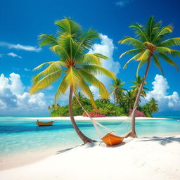 A serene tropical island scene featuring soft white sand beaches, crystal clear blue waters, and lush greenery