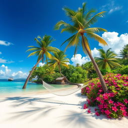 A serene tropical island scene featuring soft white sand beaches, crystal clear blue waters, and lush greenery
