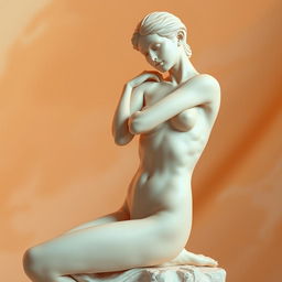 a stylized artistic depiction of a nude female figure posed gracefully, with natural body shapes and smooth skin, set against a soft, blurred background of warm colors like peach and beige that enhances the beauty of the form