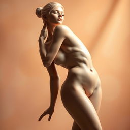 a stylized artistic depiction of a nude female figure posed gracefully, with natural body shapes and smooth skin, set against a soft, blurred background of warm colors like peach and beige that enhances the beauty of the form