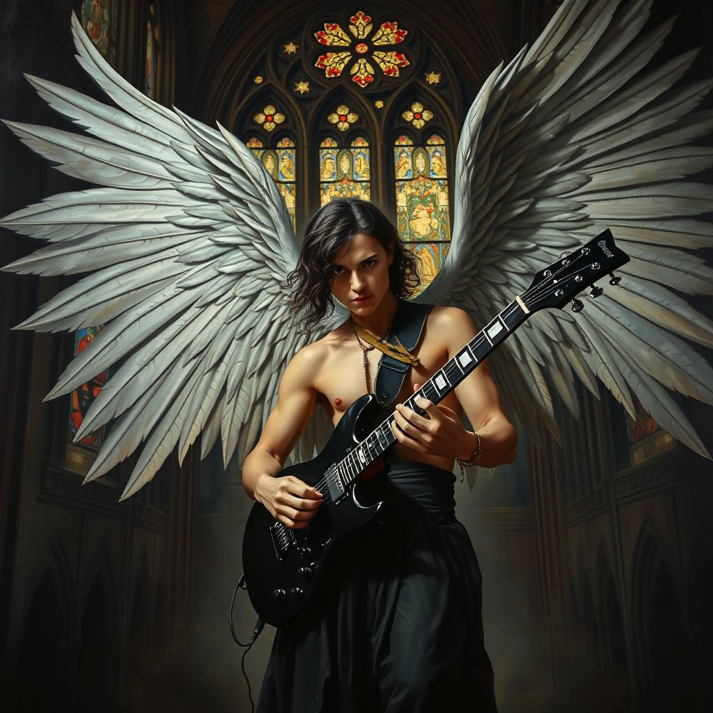 A stunning painting in Renaissance Gothic art style, depicting a gothic figure with magnificent, wounded wings, strumming a black electric guitar
