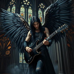 A stunning painting in Renaissance Gothic art style, depicting a gothic figure with magnificent, wounded wings, strumming a black electric guitar