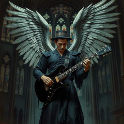 A stunning painting in Renaissance Gothic art style, depicting a gothic figure with magnificent, wounded wings, strumming a black electric guitar