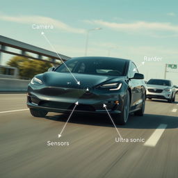 A highly detailed and realistic image of a Tesla vehicle in motion, showcasing the Tesla Autopilot system in action