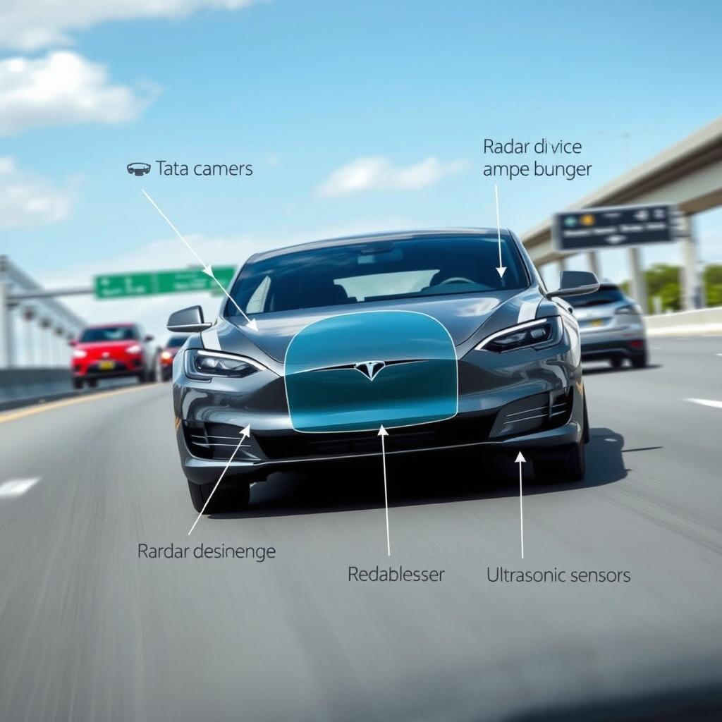 A highly detailed and realistic image of a Tesla vehicle in motion, showcasing the Tesla Autopilot system in action