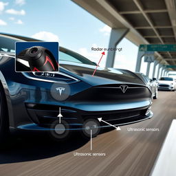 A highly detailed and realistic image of a Tesla vehicle in motion, showcasing the Tesla Autopilot system in action