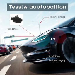 A highly detailed and realistic image of a Tesla vehicle in motion, showcasing the Tesla Autopilot system in action