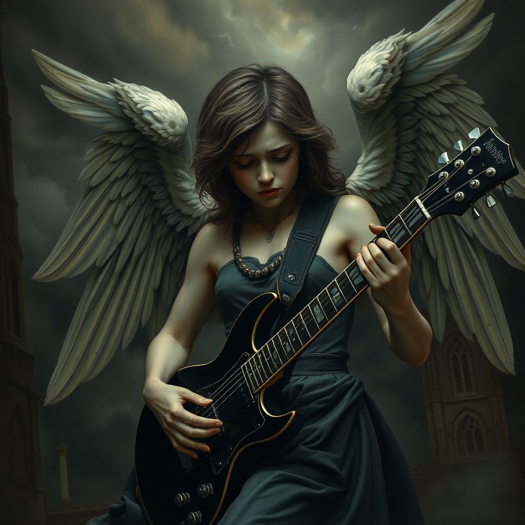 A sad angel with severed wings playing a black electric guitar, depicted in a dark and gothic style reminiscent of Renaissance paintings