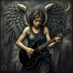 A sad angel with severed wings playing a black electric guitar, depicted in a dark and gothic style reminiscent of Renaissance paintings