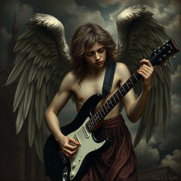 A sad angel with severed wings playing a black electric guitar, depicted in a dark and gothic style reminiscent of Renaissance paintings