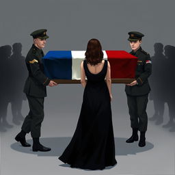 A solemn scene featuring a coffin draped with a French flag, being carried by four men in combat uniforms