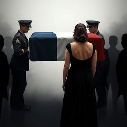 A solemn scene featuring a coffin draped with a French flag, being carried by four men in combat uniforms