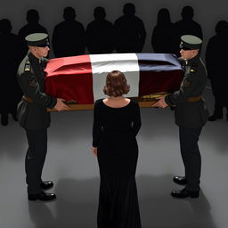 A solemn scene featuring a coffin draped with a French flag, being carried by four men in combat uniforms