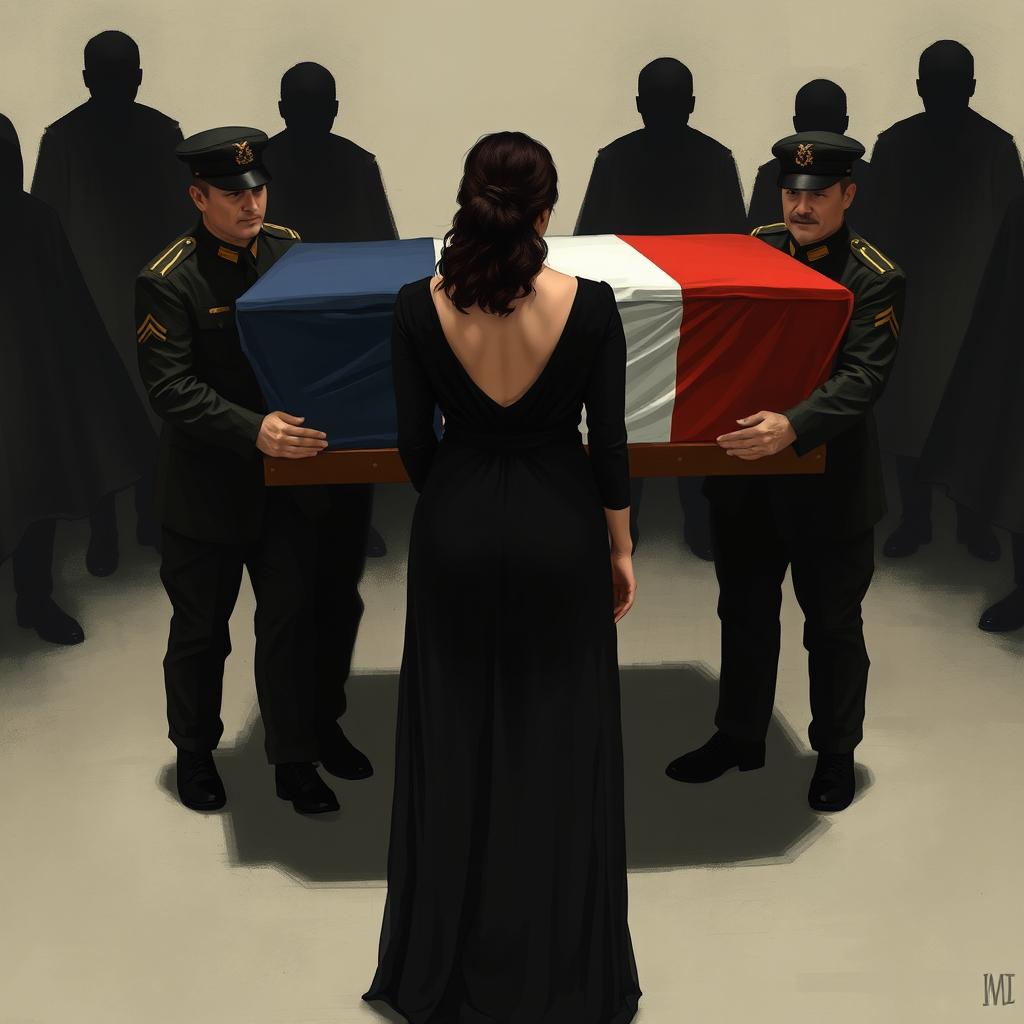 A solemn scene featuring a coffin draped with a French flag, being carried by four men in combat uniforms