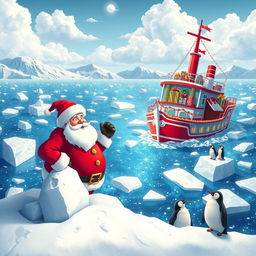 A whimsical scene depicting Santa's iconic red and white ship, beautifully designed, stuck in a vast expanse of sparkling blue ice