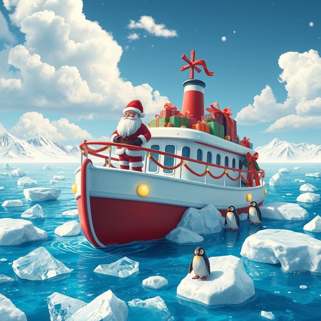 A whimsical scene depicting Santa's iconic red and white ship, beautifully designed, stuck in a vast expanse of sparkling blue ice