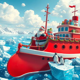 A whimsical scene depicting Santa's iconic red and white ship, beautifully designed, stuck in a vast expanse of sparkling blue ice
