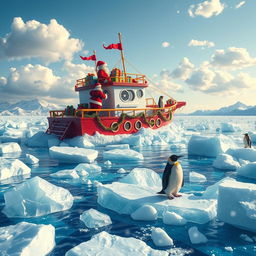 A whimsical scene depicting Santa's iconic red and white ship, beautifully designed, stuck in a vast expanse of sparkling blue ice