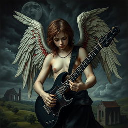 A sorrowful angel with severed, bloodied wings, playing a black electric guitar, depicted in a dark and gothic style reminiscent of Renaissance paintings