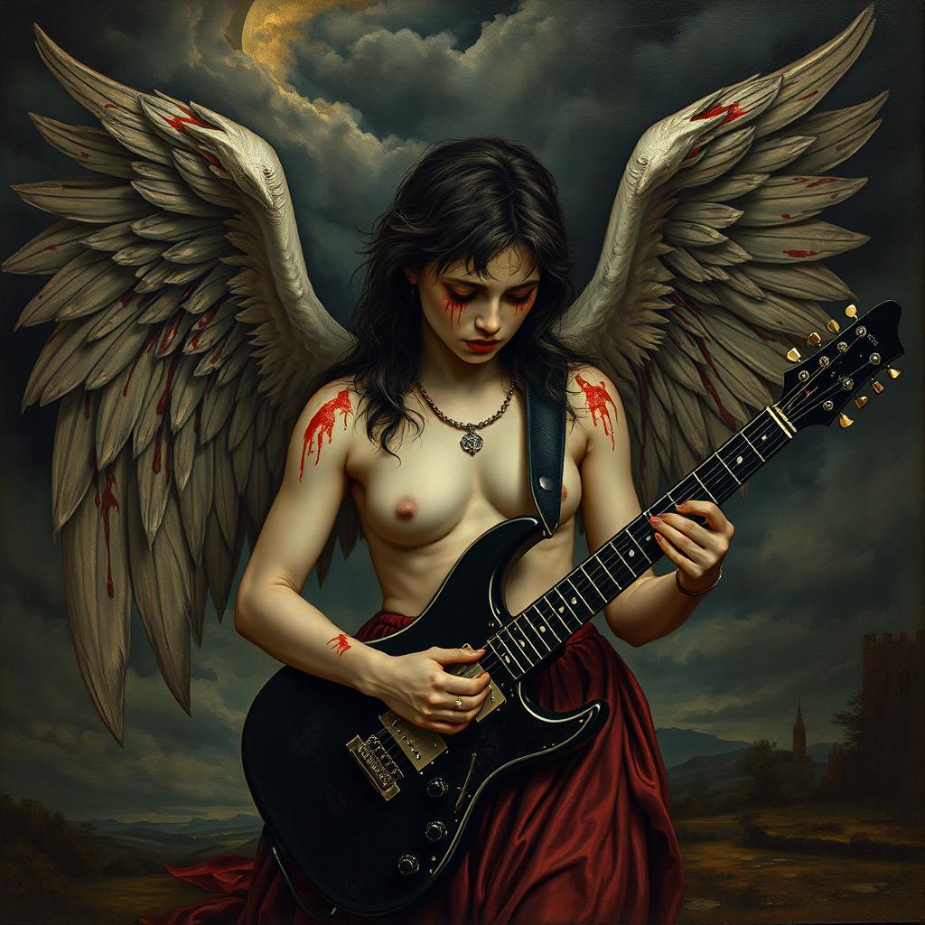 A sorrowful angel with severed, bloodied wings, playing a black electric guitar, depicted in a dark and gothic style reminiscent of Renaissance paintings