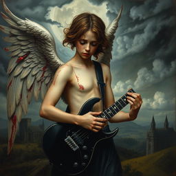 A sorrowful angel with severed, bloodied wings, playing a black electric guitar, depicted in a dark and gothic style reminiscent of Renaissance paintings