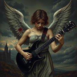 A sorrowful angel with severed, bloodied wings, playing a black electric guitar, depicted in a dark and gothic style reminiscent of Renaissance paintings