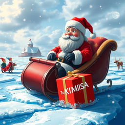 A whimsical scene depicting Santa Claus aboard his classic sleigh, which is dramatically stuck in a vast expanse of shimmering blue ice