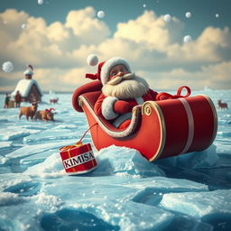 A whimsical scene depicting Santa Claus aboard his classic sleigh, which is dramatically stuck in a vast expanse of shimmering blue ice