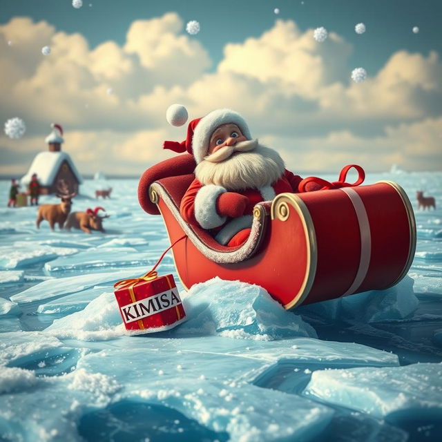 A whimsical scene depicting Santa Claus aboard his classic sleigh, which is dramatically stuck in a vast expanse of shimmering blue ice